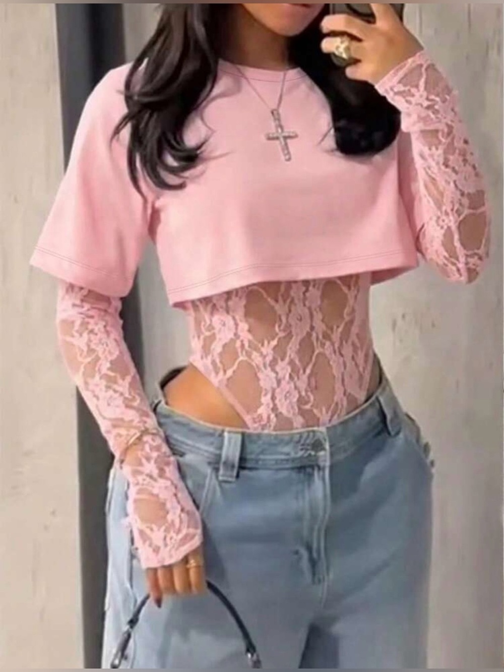 Pink Lace Layered Crop Top/Bodysuit